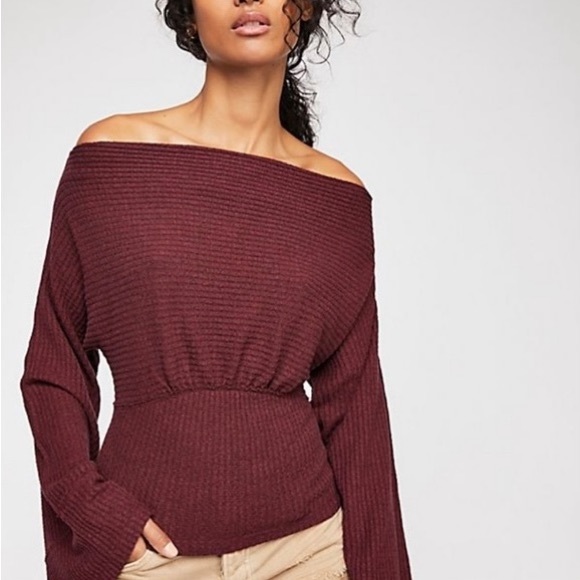 We The Free / Free People Crazy On You Thermal Knit Off Shoulder Sweater in Wine - Picture 2 of 12